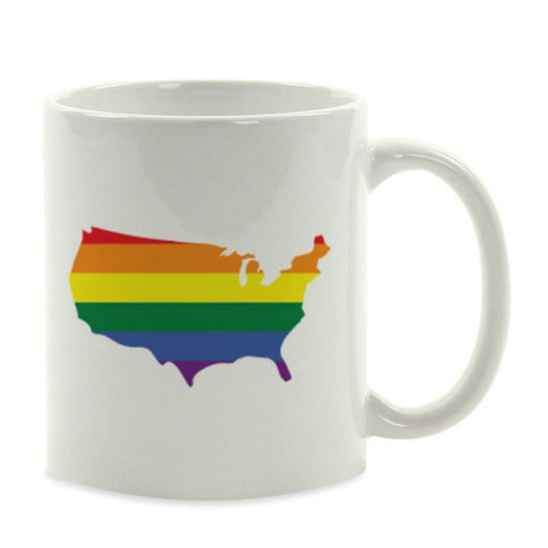 Tailorly White Ceramic 11 oz Mug - Vibrant Horizontal Rainbow Stripes Within A Symbolic United States Outline Map