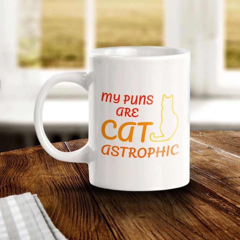 Tailorly White Ceramic 11 oz Mug - My Puns Are Cat Astrophic Minimalist Outline Of A Sitting Cat Facing Away From View Cat