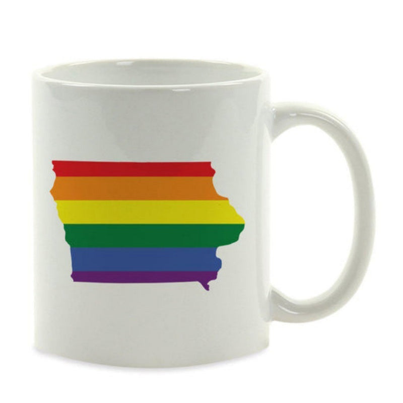 Tailorly White Ceramic 11 oz Mug - Vibrant Rainbow Pride Colors Filling A Distinctive Geographical State Map Shape Iowa