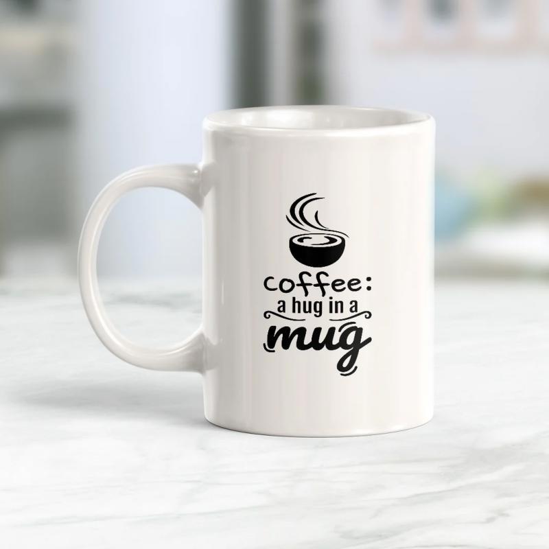 Tailorly White Ceramic 11 oz Mug - Coffee A Hug In A Mug Minimalist Black Ink Steam Rising Above Warm Beverage Container