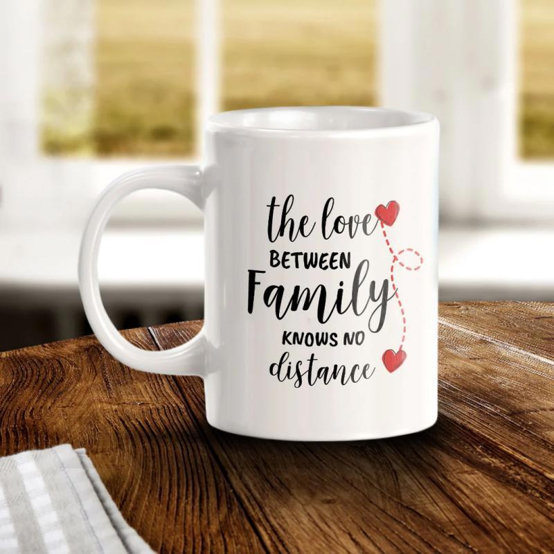 Tailorly White Ceramic 11 oz Mug - The Love Between Family Knows No Distance Two Small Red Hearts Joined By Dotted Path Across Surface Heart