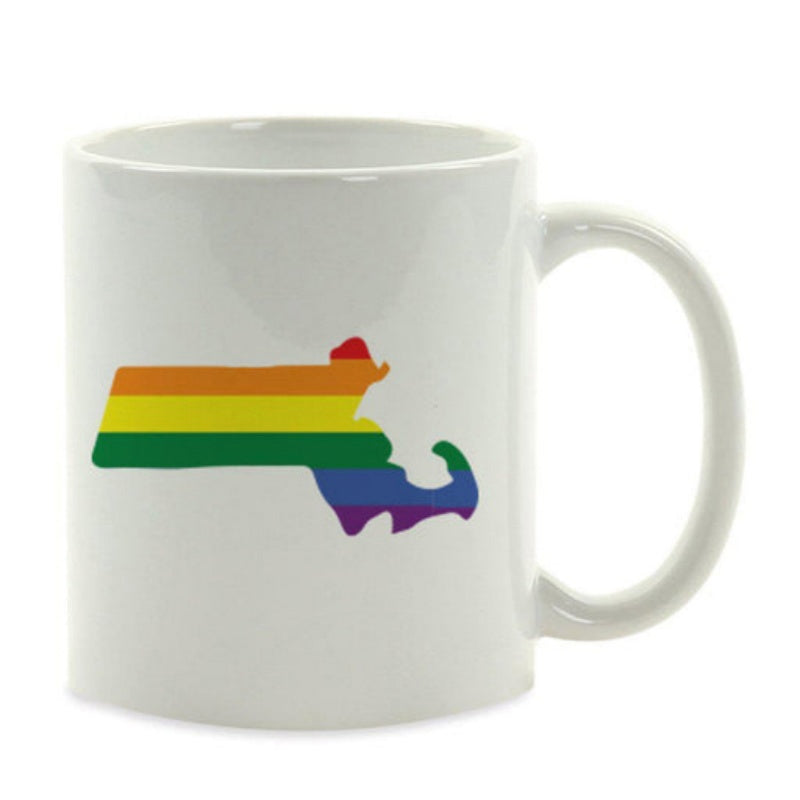 Tailorly White Ceramic 11 oz Mug - Rainbow Striped Pride Flag Pattern Within The Silhouette Of Massachusetts Map