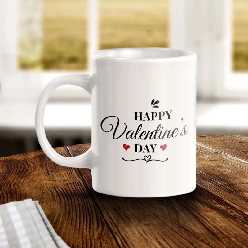 Tailorly White Ceramic 11 oz Mug - Happy Valentine's Day Graceful Script With Delicate Red Hearts And Decorative Swirl Accents Heart