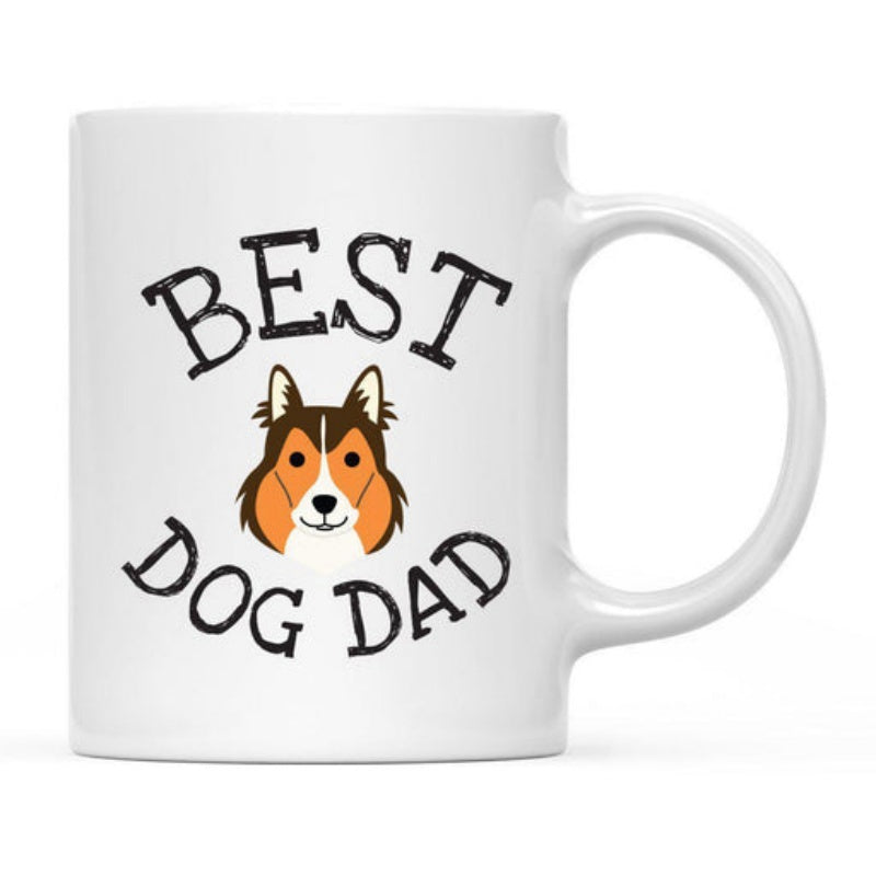 Tailorly White Ceramic 11 oz Mug - Best Dog Dad Cute Hand Drawn Shepherd Dog Head Centered Among Arched Text Dog