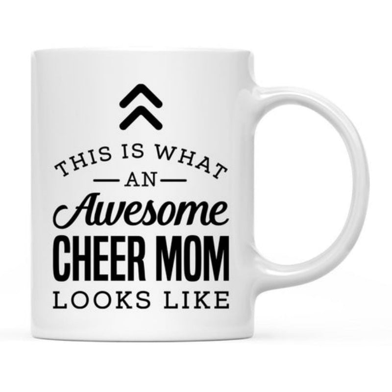 Tailorly White Ceramic 11 oz Mug - This Is What An Awesome Cheer Mom Looks Like Minimalist Black Chevron Icons Arranged Vertically Above Centered Bold Text Mug