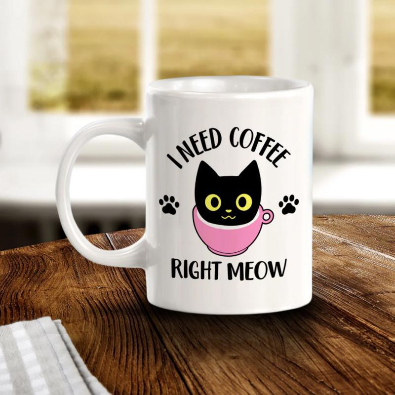 Tailorly White Ceramic 11 oz Mug - I Need Coffee Right Meow Cute Black Kitten Sitting Inside A Pink Cup With Paw Prints Cat