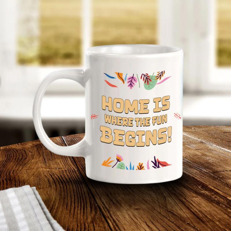 Tailorly White Ceramic 11 oz Mug - Home Is Where The Fun Begins Vibrant Colorful Botanical Leaves And Delicate Floral Sprays Mug