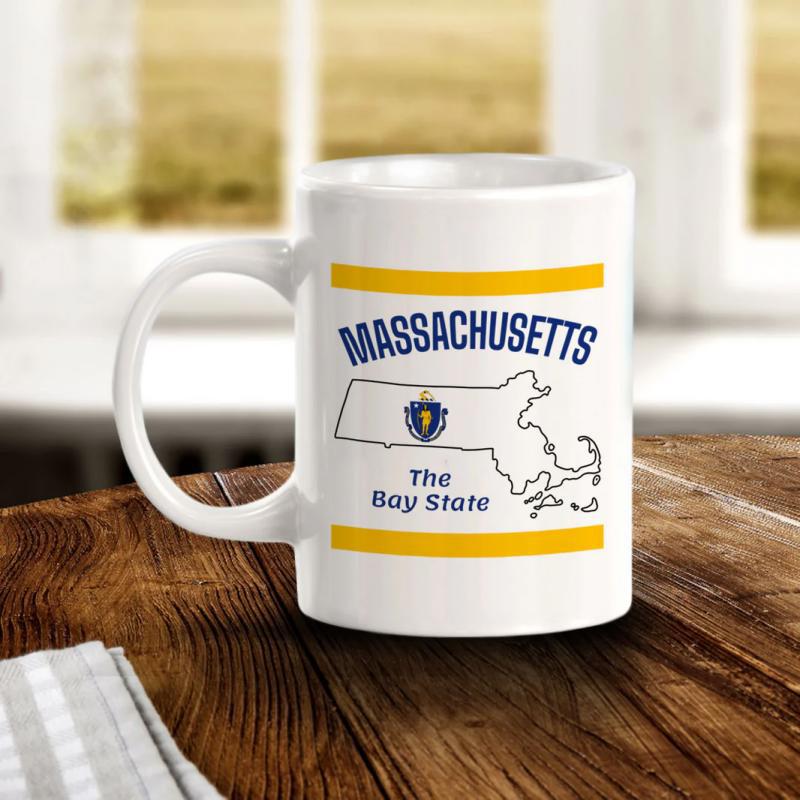 Tailorly White Ceramic 11 oz Mug - Massachusetts The Bay State Outline Of State With Official Coat Of Arms Shield Map