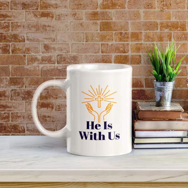 Tailorly White Ceramic 11 oz Mug - He Is With Us Radiant Golden Sunburst Behind Sacred Hands Holding A Holy Cross