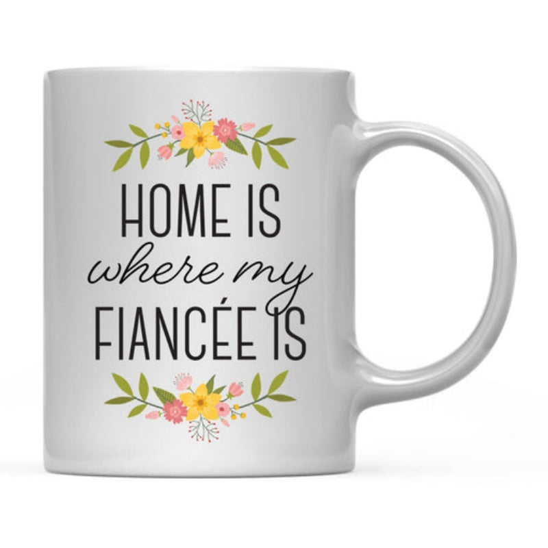 Tailorly White Ceramic 11 oz Mug - Home Is Where My Fiancée Is Elegant Symmetrical Floral Wreath With Pink And Yellow Spring Garden Flowers Mug
