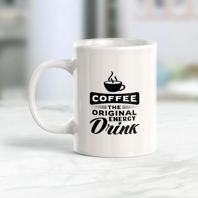Tailorly White Ceramic 11 oz Mug - Coffee The Original Energy Drink Minimalist Black Ink Steam Rising From A Ceramic Cup Mug