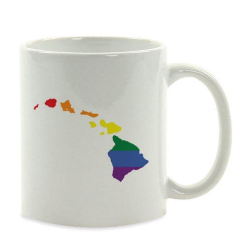 Tailorly White Ceramic 11 oz Mug - Vibrant Rainbow Gradient Spanning Across Chains Of Tropical Island Map Hawaii