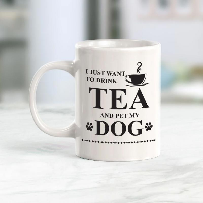 Tailorly White Ceramic 11 oz Mug - I Just Want To Drink Tea And Pet My Dog Minimalist Black Icons With Steaming Cup And Cute Little Paw Prints Mug