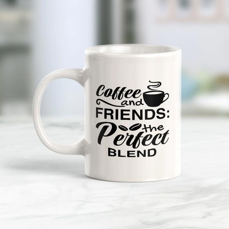 Tailorly White Ceramic 11 oz Mug - Coffee And Friends The Perfect Blend Steaming Hot Coffee Cup With Small Beans Among Decorative Swirls Mug