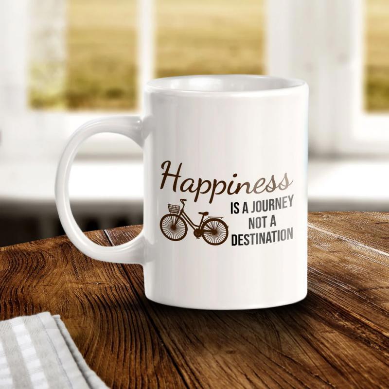 Tailorly White Ceramic 11 oz Mug - Happiness Is A Journey Not A Destination Vintage Style Bicycle With Small Woven Basket Among Motivational Text Graphic Bicycle