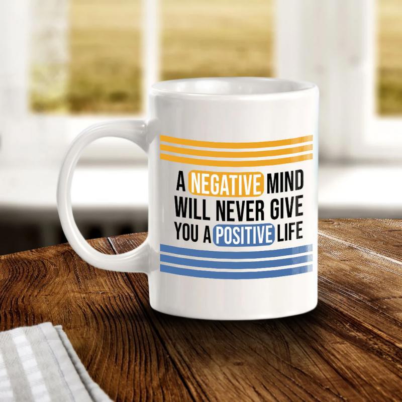 Tailorly White Ceramic 11 oz Mug - A Negative Mind Will Never Give You A Positive Life Minimalist Horizontal Parallel Lines In Yellow And Blue Colors Printed On