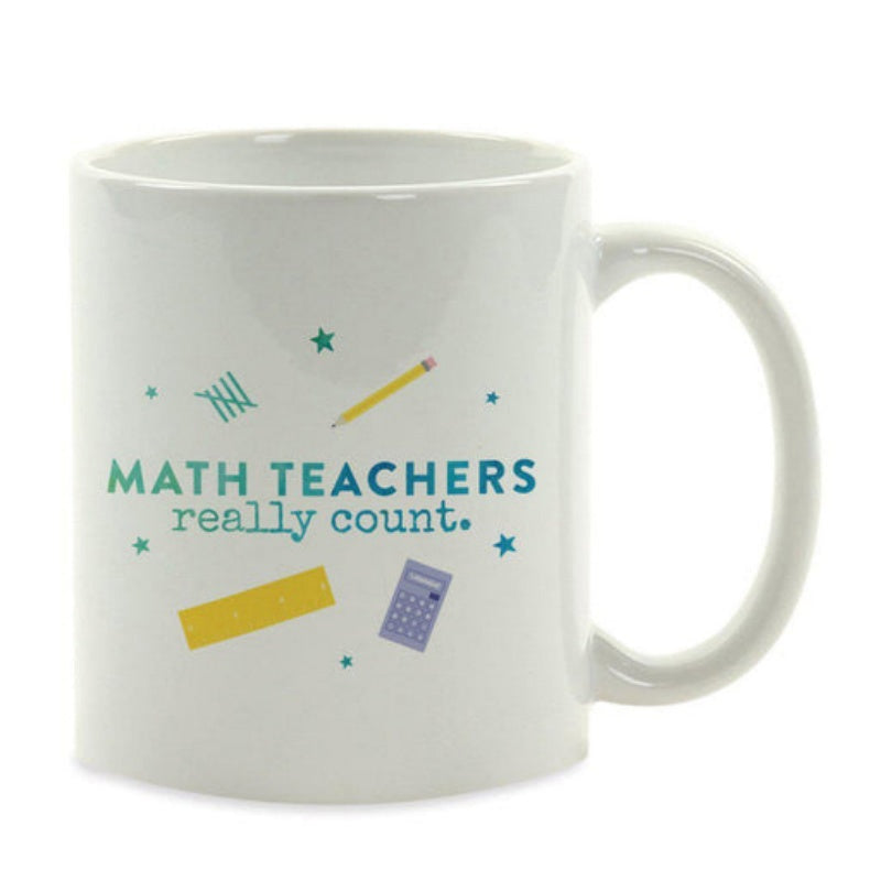 Tailorly White Ceramic 11 oz Mug - Math Teachers Really Count Scattered School Supplies With A Ruler Pencil And Purple Handheld Calculator Mug