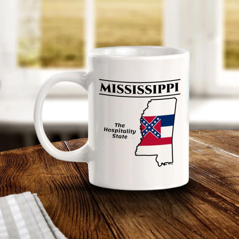 Tailorly White Ceramic 11 oz Mug - Mississippi The Hospitality State Geographic State Outline Filled With Historical Flag Colors And Stars Map