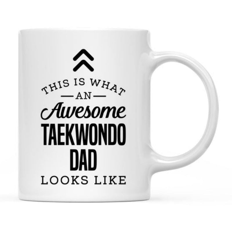 Tailorly White Ceramic 11 oz Mug - This Is What An Awesome Taekwondo Dad Looks Like Minimalist Modern Typography With Geometric Double Chevron Elements Athletic