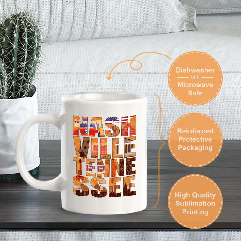 Tailorly White Ceramic 11 oz Mug - Nashville Tennessee Scenic City Landscapes Integrated Into Thick Block Lettering Mug