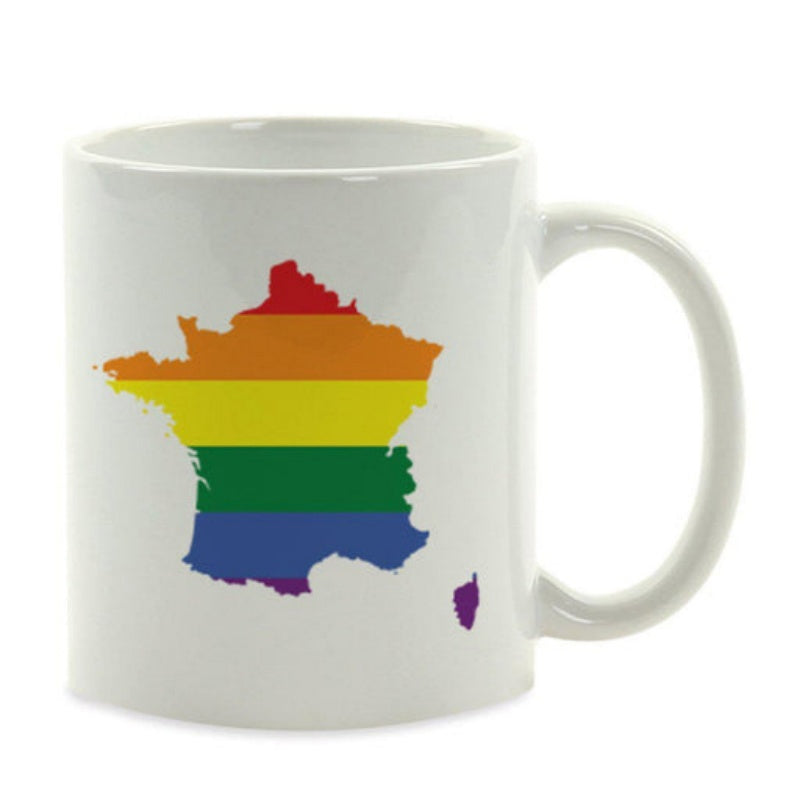 Tailorly White Ceramic 11 oz Mug - Vibrant Rainbow Stripes Filling A Silhouette Of The French Map