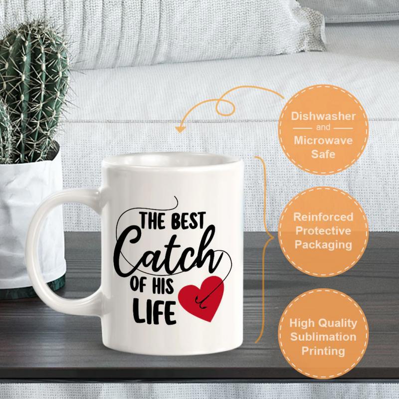 Tailorly White Ceramic 11 oz Mug - The Best Catch Of His Life Minimalist Fishing Line Design Featuring A Vibrant Red Romantic Artistic Heart