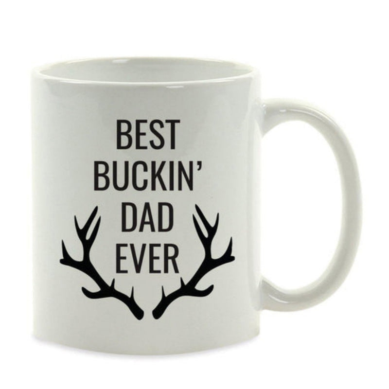 Tailorly White Ceramic 11 oz Mug - Best Buckin Dad Ever Minimalist Black Silhouette Of Deer Antlers Positioned Below Bold Antlers
