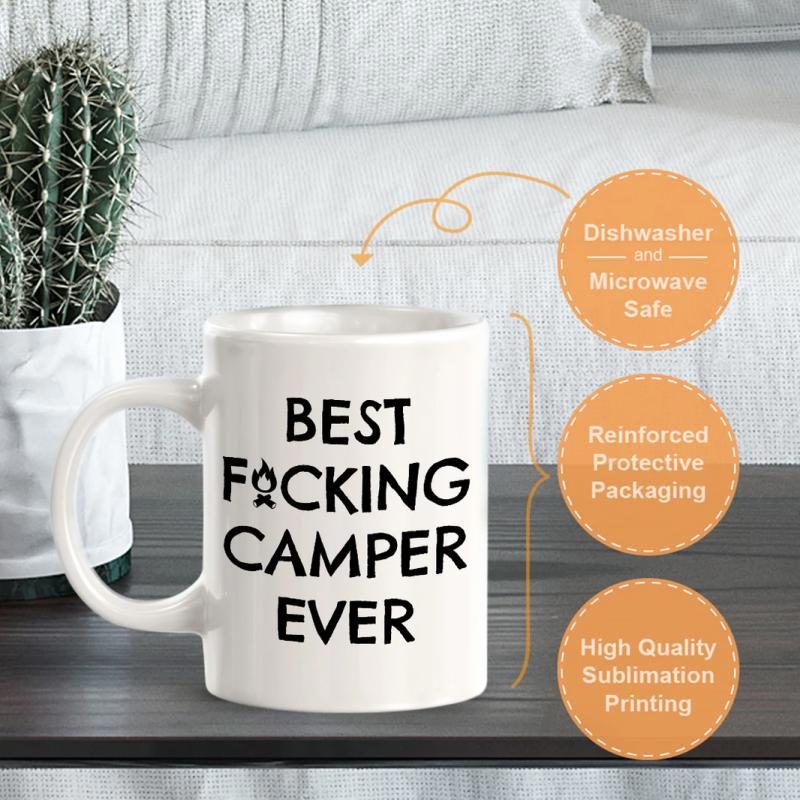 Tailorly White Ceramic 11 oz Mug - Best Fucking Camper Ever Bold Minimalist Outdoor Typography Featuring A Small Flaming Campfire