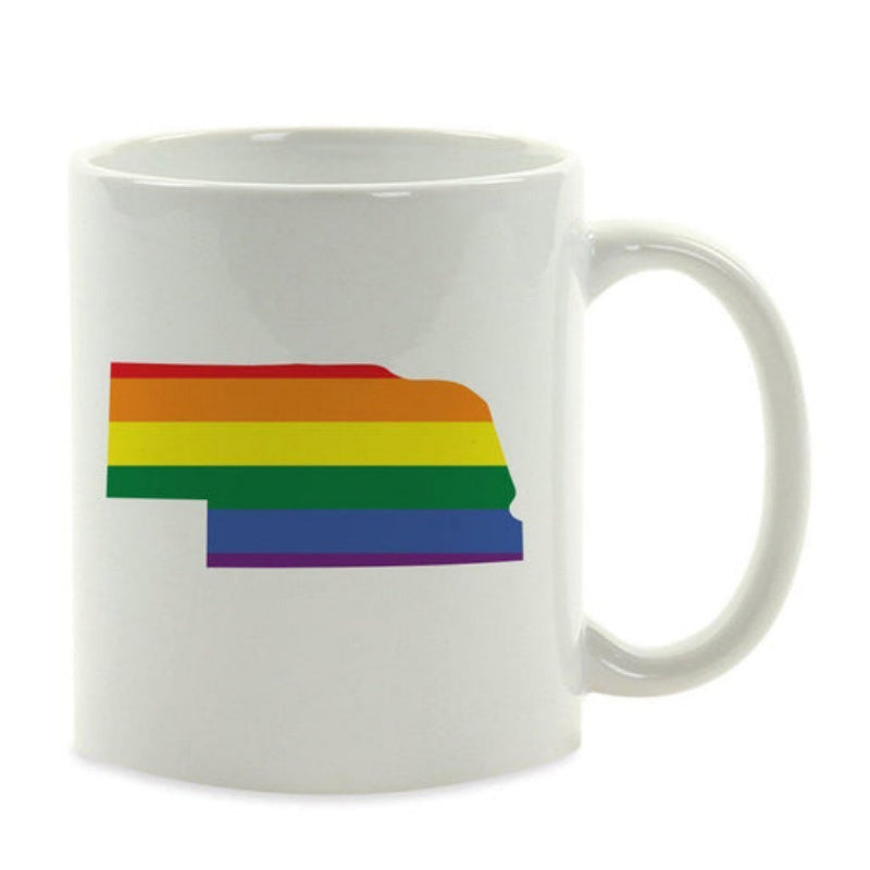 Tailorly White Ceramic 11 oz Mug - Rainbow Striped Pride Colors Inside The Silhouette Of Nebraska State