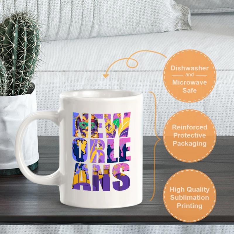 Tailorly White Ceramic 11 oz Mug - New Orleans Vibrant Festive Patterns Inside Bold Letters Featuring Jazz Inspired Musical Silhouettes Mug