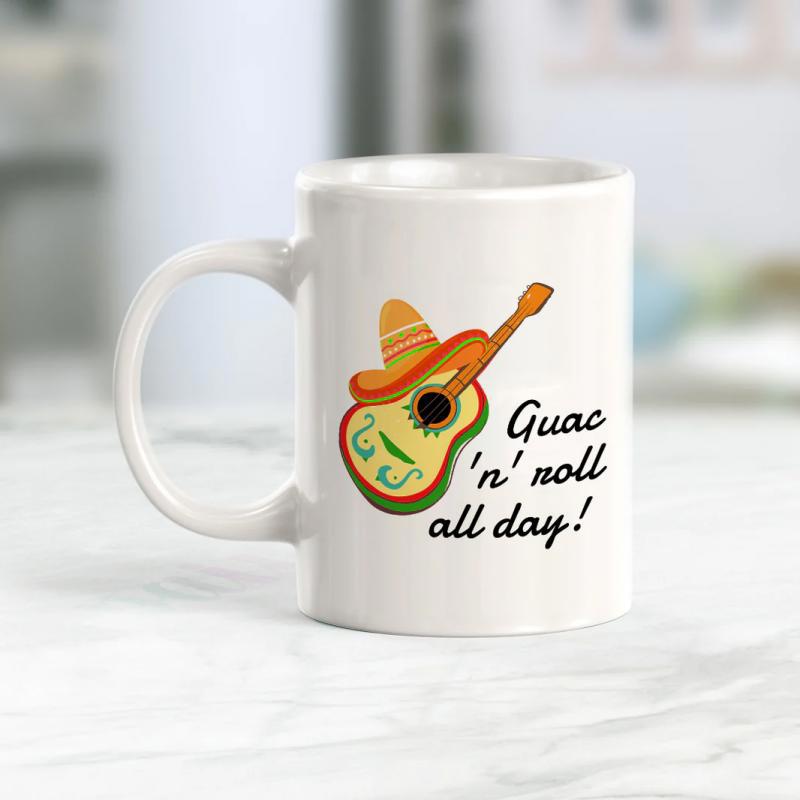 Tailorly White Ceramic 11 oz Mug - Guac N Roll All Day Festive Avocado Shaped Musical Instrument Wearing A Traditional Mexican Hat Guitar