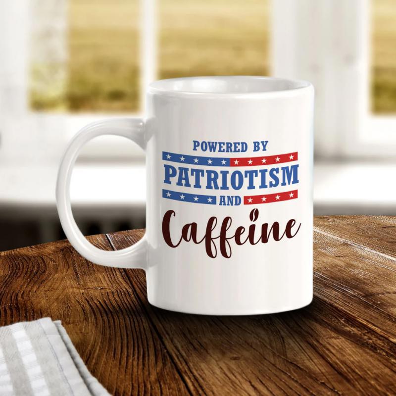 Tailorly White Ceramic 11 oz Mug - Powered By Patriotism And Caffeine Elegant White Ceramic Vessel With Patriotic Stars And Stripes Themed Slogan Mug