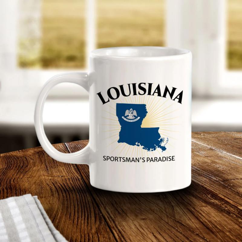 Tailorly White Ceramic 11 oz Mug - Louisiana Sportsmans Paradise State Map Silhouette Featuring Official Pelican Seal With Radiant Sunburst Map