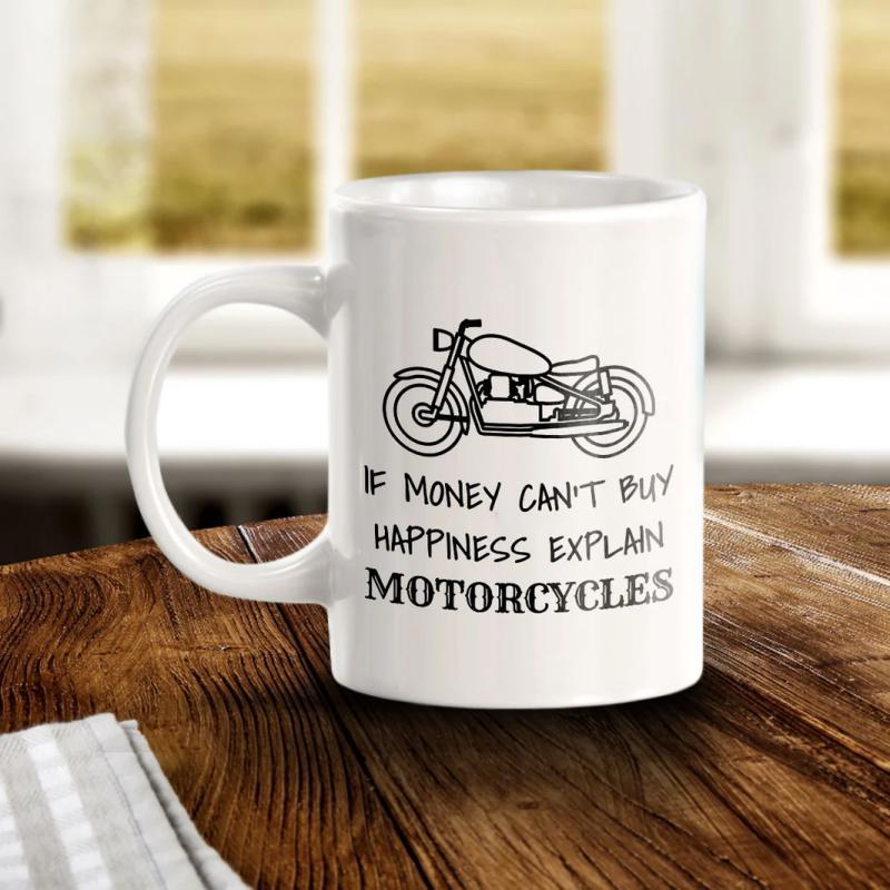 Tailorly White Ceramic 11 oz Mug - If Money Cant Buy Happiness Explain Motorcycles Minimalist Black Line Art Drawing Featuring Classic Vintage Cruiser Style