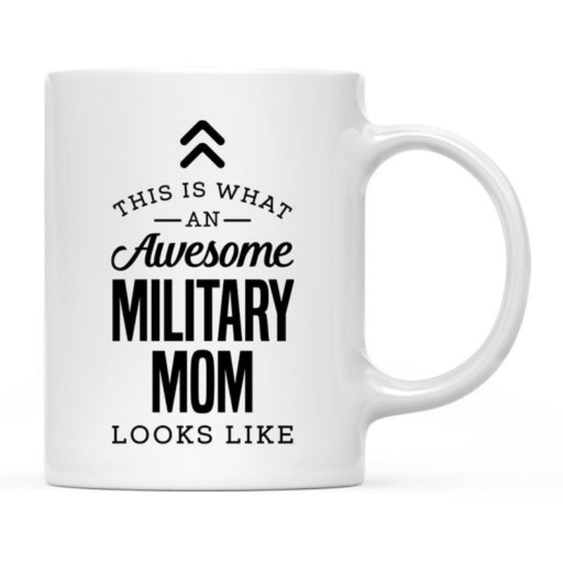 Tailorly White Ceramic 11 oz Mug - This Is What An Awesome Military Mom Looks Like Minimalist Black Bold Typography With Double Chevron Symbol On