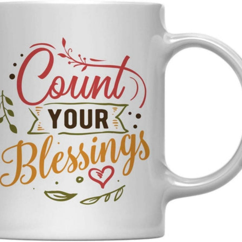 Tailorly White Ceramic 11 oz Mug - Count Your Blessings Decorative Script With Green Leaves And A Small Red Heart Blessings