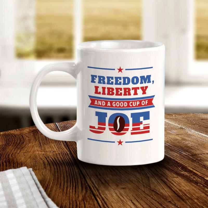 Tailorly White Ceramic 11 oz Mug - Freedom Liberty And A Good Cup Of Joe Patriotic American Theme With Stars Stripes And A Large Coffee Bean Mug