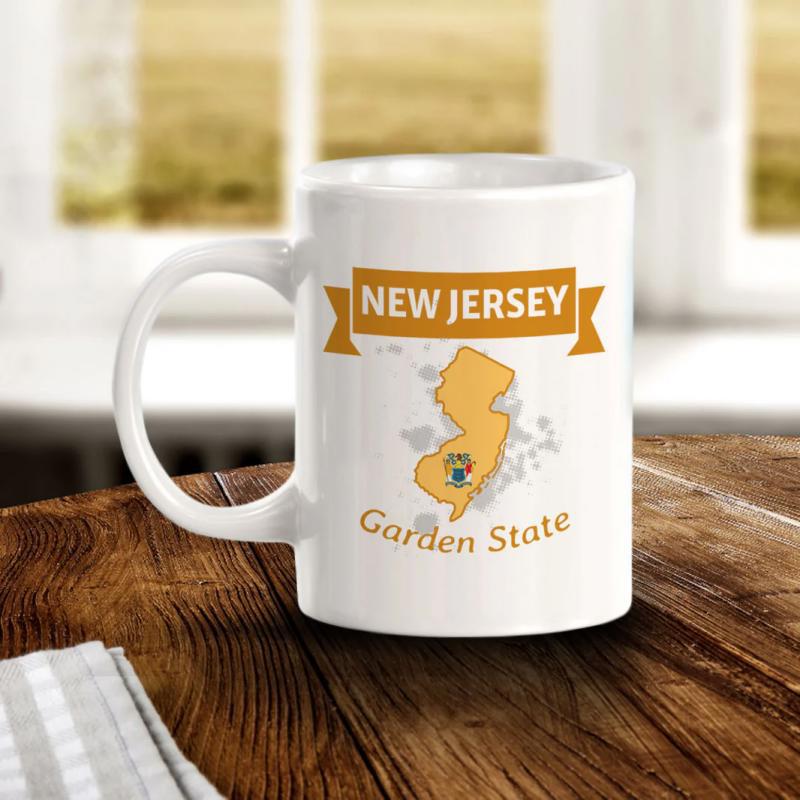 Tailorly White Ceramic 11 oz Mug - New Jersey Garden State Detailed Golden State Map Outline With Classic Decorative Banner Map