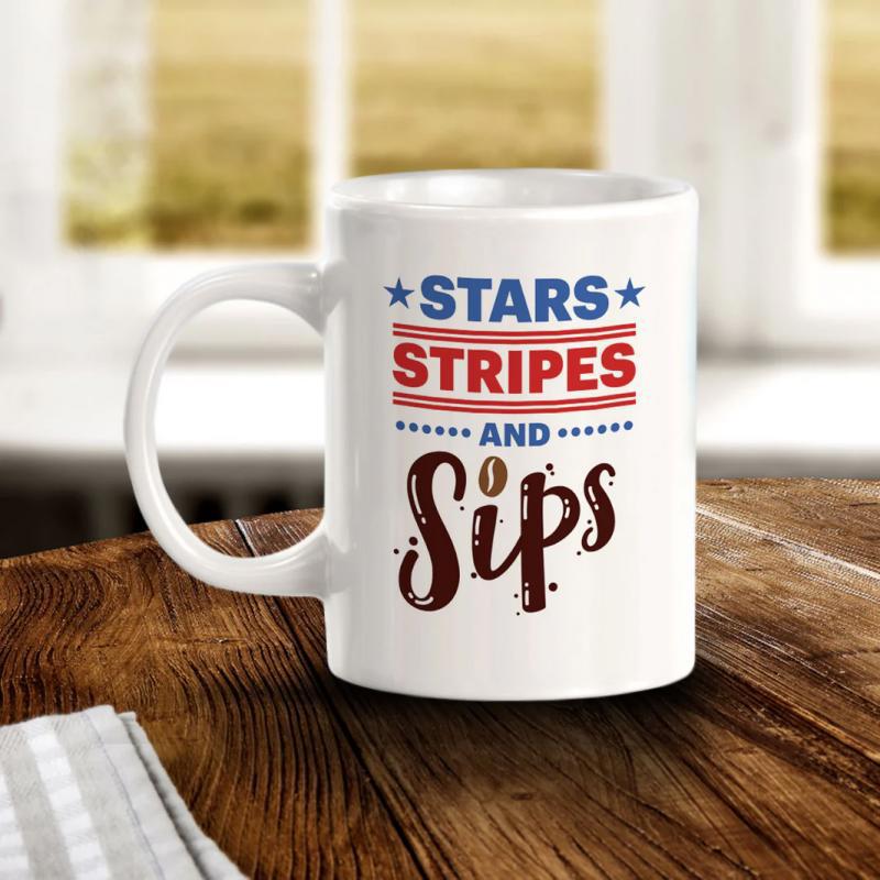 Tailorly White Ceramic 11 oz Mug - Stars Stripes And Sips Patriotic Red And Blue Design Featuring Stars And Stripes Mug