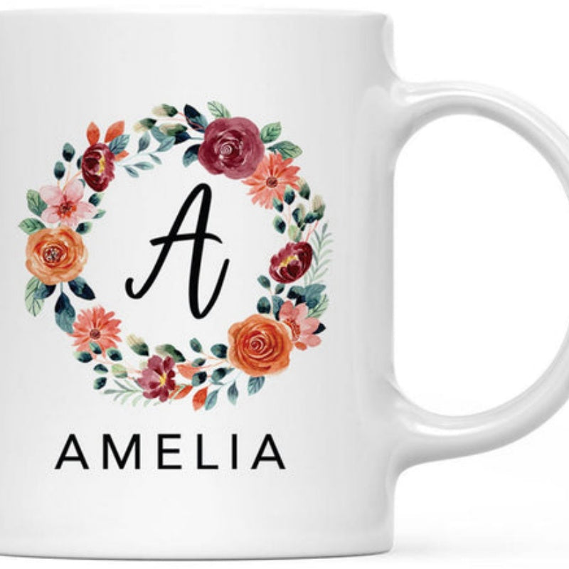 Tailorly White Ceramic 11 oz Mug - A Amelia Elegant Hand Painted Floral Motif With Colorful Roses And Greenery Wreath