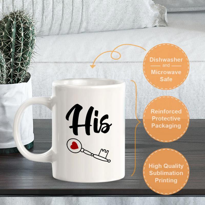 Tailorly White Ceramic 11 oz Mug - His Minimalist Line Drawing Key With Small Red Heart In Handle Key