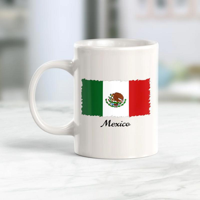 Tailorly White Ceramic 11 oz Mug - Mexico Distressed Textured National Emblem With Iconic Tricolor Banner Flag