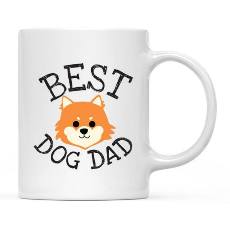Tailorly White Ceramic 11 oz Mug - Best Dog Dad Adorable Cartoon Orange Pomeranian Face With Playful Tiny Black Eyes And Ears Dog