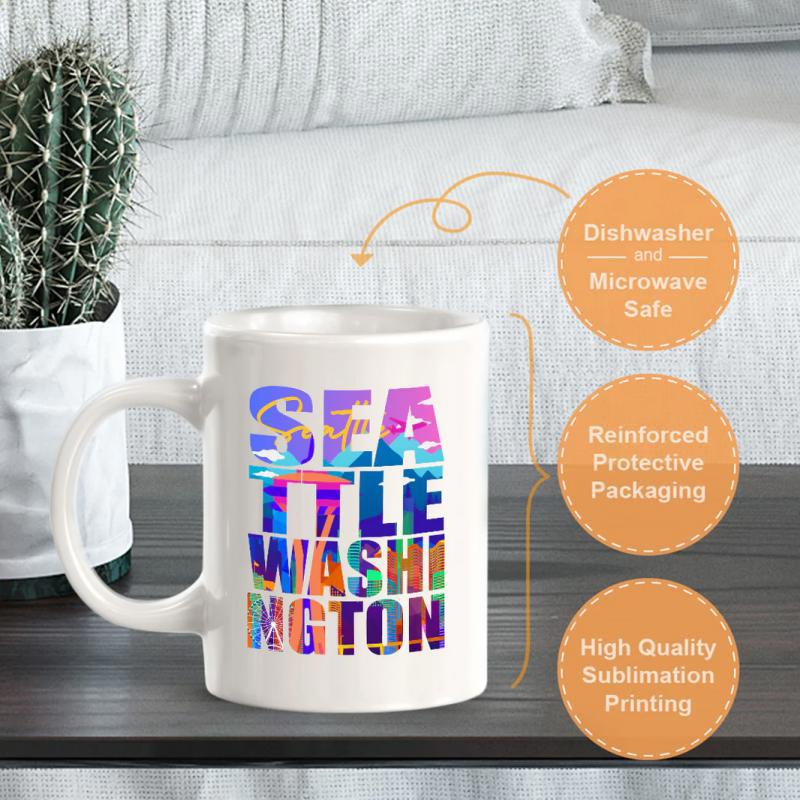 Tailorly White Ceramic 11 oz Mug - Seattle Washington State Vibrant Colorful Scenic Cityscapes Within Artistic Bold Block Lettering