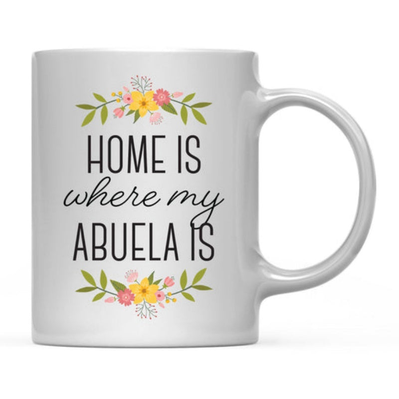 Tailorly White Ceramic 11 oz Mug - Home Is Where My Abuela Is Delicate Floral Wreaths With Yellow And Pink Blossoms Among Green Leaves Flower
