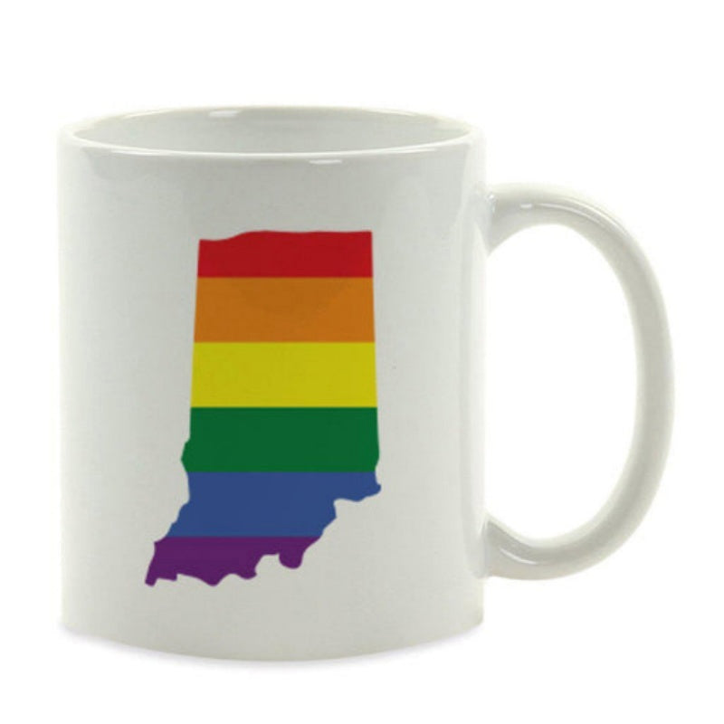 Tailorly White Ceramic 11 oz Mug - Vibrant Rainbow Stripes Filling The Geographic Silhouette Of The Heartland State Indiana