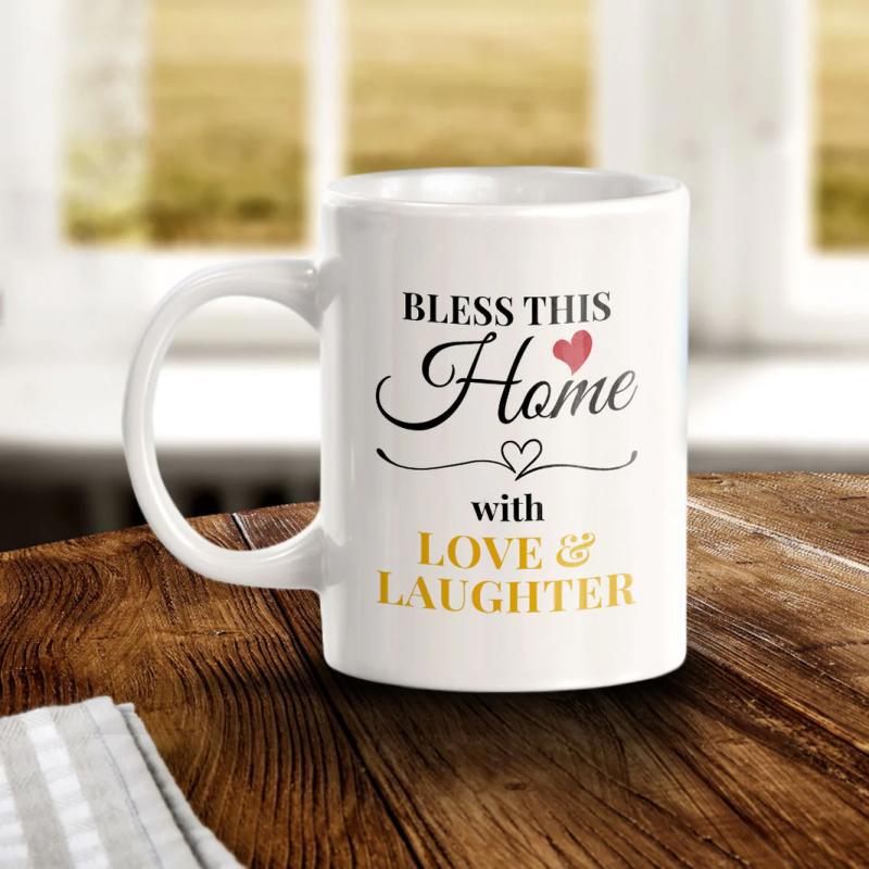 Tailorly White Ceramic 11 oz Mug - Bless This Home With Love Laughter Inspirational Quote Scripted Between Decorative Hearts Resting On Minimalist Surface Mug