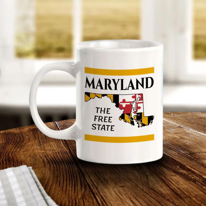 Tailorly White Ceramic 11 oz Mug - Maryland The Free State Proud State Silhouette Filled With Traditional Flag Patterns Mug