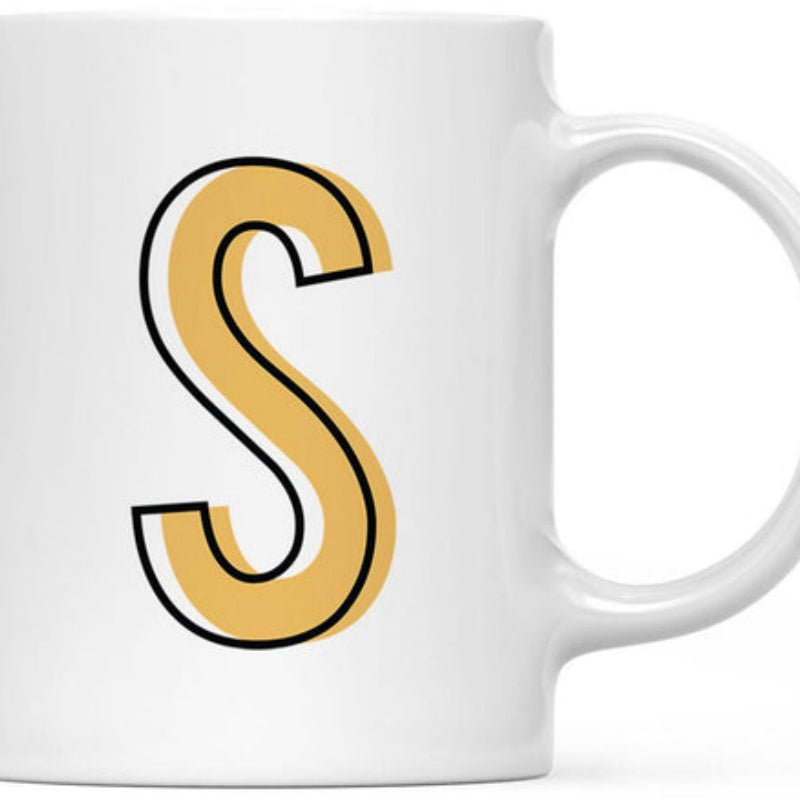 Tailorly White Ceramic 11 oz Mug - S Bold Yellow Shadowed Alphabet Character Printed On Letter
