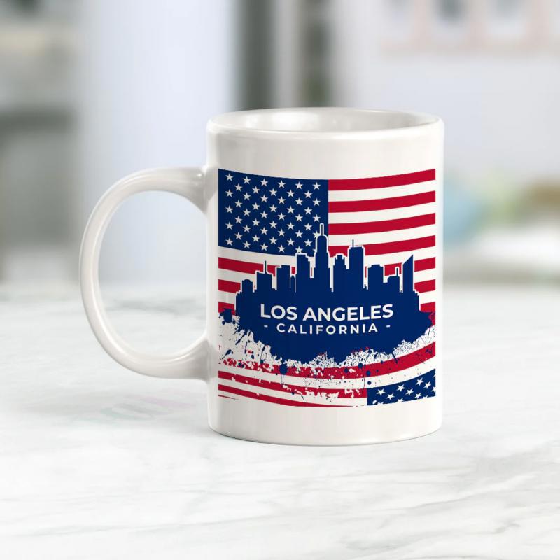 Tailorly White Ceramic 11 oz Mug - Los Angeles California American Flag Stars And Stripes With Dark Blue City Skyline